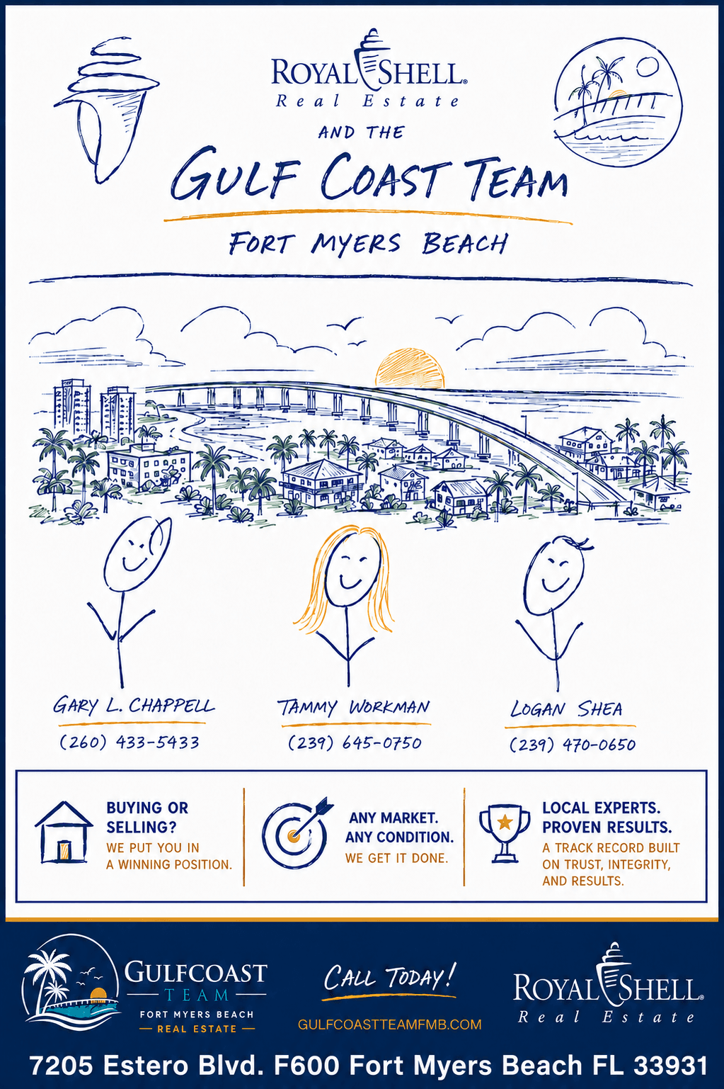 Gulf Coast Team at Royal Shell Real Estate, Inc., Fort Myers Beach — Gary L. Chappell (260) 433-5433, Tammy Workman (239) 645-0750, Logan Shea (239) 470-0650. Office: 7205 Estero Blvd F600, Fort Myers Beach, FL 33931.